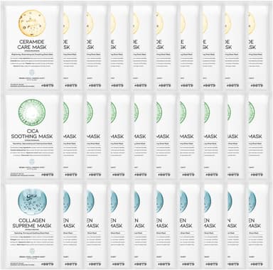 #OOTD Hydrating Soothing Sheet Masks Gift Set for Skincare, Korean Vegan Sheet Mask for Dry, Sensitive Skin, Calming, Smoothing, Brightening, Collagen, Ceramide, Cica, Hyaluronic Acid 30EA - Image 2
