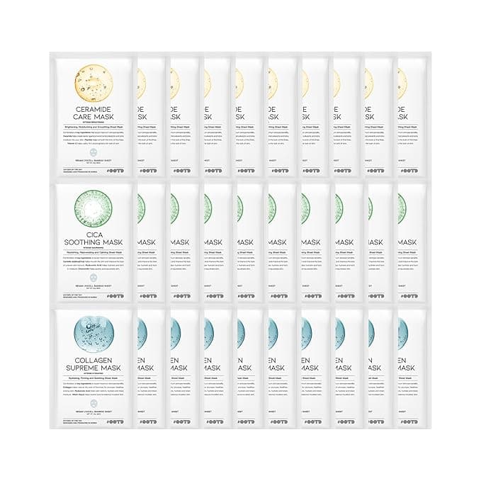 #OOTD Hydrating Soothing Sheet Masks Gift Set for Skincare, Korean Vegan Sheet Mask for Dry, Sensitive Skin, Calming, Smoothing, Brightening, Collagen, Ceramide, Cica, Hyaluronic Acid 30EA - Image 1