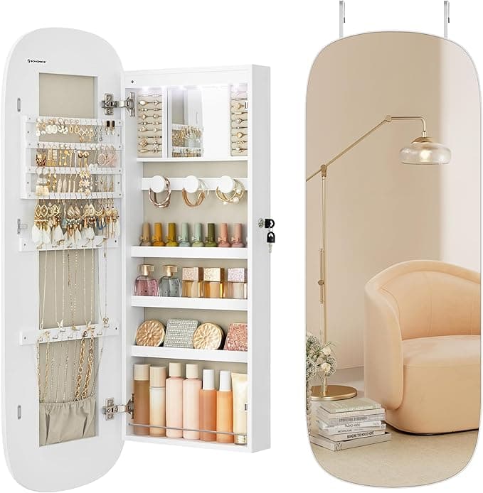 SONGMICS Jewelry Organizer, LED Jewelry Cabinet Wall/Door Mounted, Lockable Rounded Wide Mirror with Storage, Interior Mirror, 3.9 x 16.5 x 42.5 Inches, White Surface with Greige Lining - Image 1