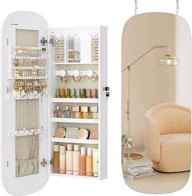 SONGMICS Jewelry Organizer, LED Jewelry Cabinet Wall/Door Mounted, Lockable Rounded Wide Mirror with Storage, Interior Mirror, 3.9 x 16.5 x 42.5 Inches, White Surface with Greige Lining - Image 1