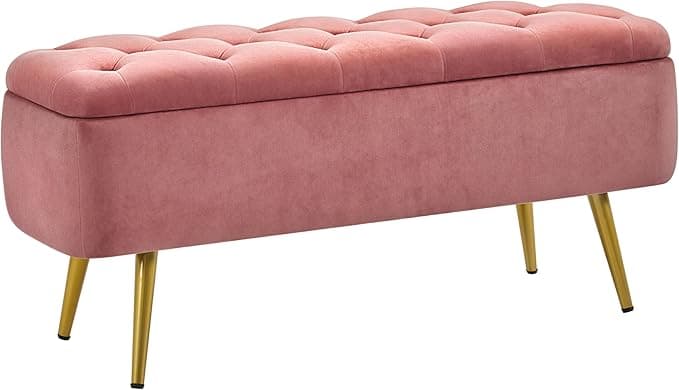 Yaheetech Ottoman with Storage, Velvet Entryway Bench with Safety Hinge, Upholstered Bench with Seating for Bedroom, Living Room, Holds up to 519 lb, Pink - Image 1