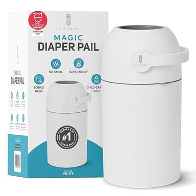 L.A. BABY Magic Diaper Pail - Patented 100% Odor-Free System with Child-Safe Lock - Award-Winning Design - No Refills Required - Works with Regular Trash Bags - White - Image 1