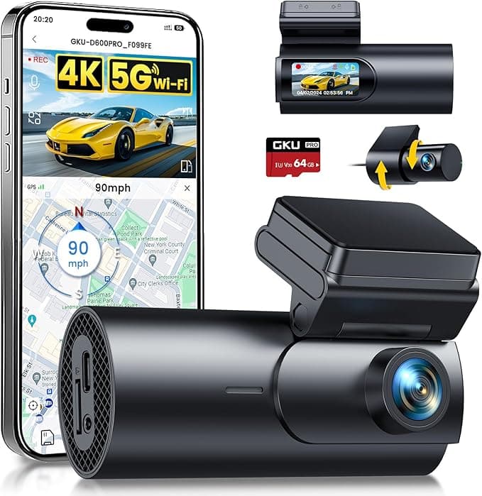 GKU Dash Cam Front and Rear Camera,4K+1080P, 5.8GHz WiFi & GPS Dash Camera for Cars,with 64G SDcard,1.47" Display Dashcam, 24HParking Mode,App Control,Super Night Vision,WDR,Support Max 256GB - Image 1