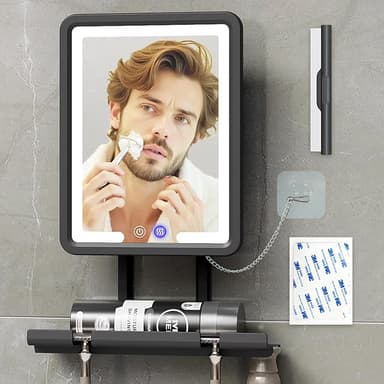 BGick Lighted Anti-Fog Shower Mirror for Shaving - 3 Color Modes Dimming Fogless with Light, 360°Rotation, Rechargeable Shower Mirror with Storage Tray & Razor Holders & Shaving Brush Holders (Grey - Image 1