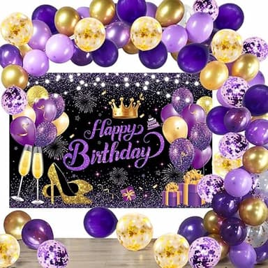 YinQin 63 PCS Purple Gold Happy Birthday Party Balloons Set with Photo Backgrounds Backdrops Banner Cloth Confetti Balloon Purple Golden Happy Birthday Party Supplies Decorations for Girl Women - Image 5