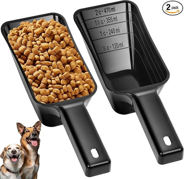 2 Cup Dog Food Scoop(2 Pack), Plastic Pet Food Scoop with Measuring Lines for Accurate Pet Food Portions,Dishwasher Safe (Black