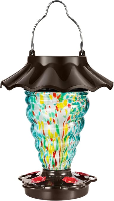 Solar Hummingbird Feeder for Outdoors Hanging, Lighted Lantern with RGB Lights, Hand Blown Glass, 28 fl.oz, Leak Proof & Rustproof, Metal Cover with 5 Feeding Ports, Spiral Shaped, Teal - Image 2