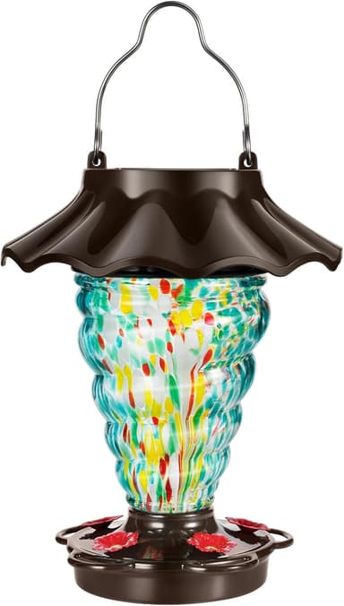 Solar Hummingbird Feeder for Outdoors Hanging, Lighted Lantern with RGB Lights, Hand Blown Glass, 28 fl.oz, Leak Proof & Rustproof, Metal Cover with 5 Feeding Ports, Spiral Shaped, Teal - Image 1