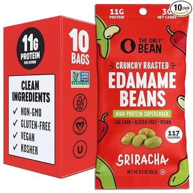 The Only Bean Crunchy Roasted Edamame Snacks Pack (Sriracha), Protein Keto Food, Gluten Free, Asian Japanese Snacks, Hot Spicy Snack, 0.9oz 10 Pack - Image 1
