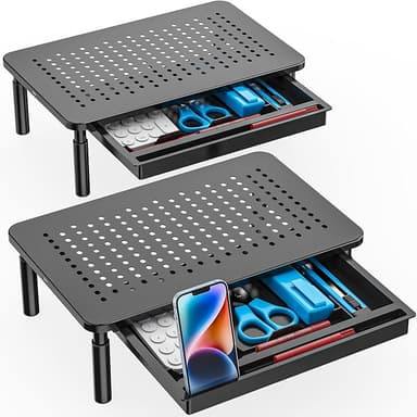WALI Dual Monitor Stand with Storage, Desk Monitor Riser 3 Height Adjustable, Laptop Riser with Airflow Vents, Desk Organizer for Computer, Laptop, Printer, Notebook (STT003D-2B), 2 Pack, Black - Image 1