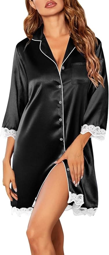 Ekouaer Satin Nightgowns for Women Button Down Sleepshirt 3/4 Sleeve Nightshirts Boyfriend Sleepwear - Image 1