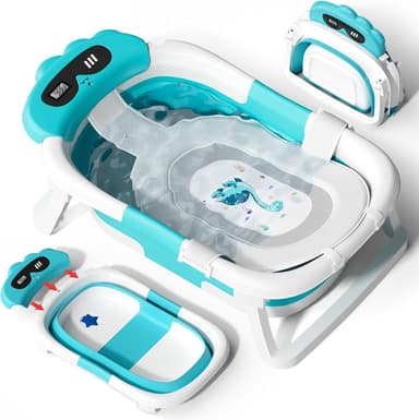 AVIDOR Baby Bathtub,Collapsible Bathtub for Newborn to Toddler,Durable Essential Infant Bath Tub,Portable Travel Baby Tub with Soft Bath Net,No-Slip Feet and Dinosaur Shaped (Light Blue - Image 2