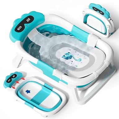 AVIDOR Baby Bathtub,Collapsible Bathtub for Newborn to Toddler,Durable Essential Infant Bath Tub,Portable Travel Baby Tub with Soft Bath Net,No-Slip Feet and Dinosaur Shaped (Light Blue - Image 1