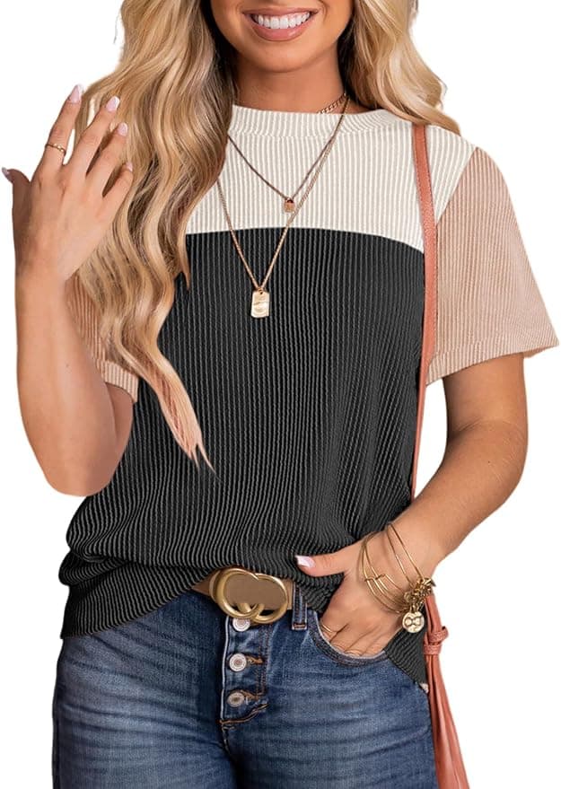 Dokotoo Womens Color Block Fashion Short Sleeve Crewneck Knitted Spring Summer Casual Loose T Shirts Tops - Image 1