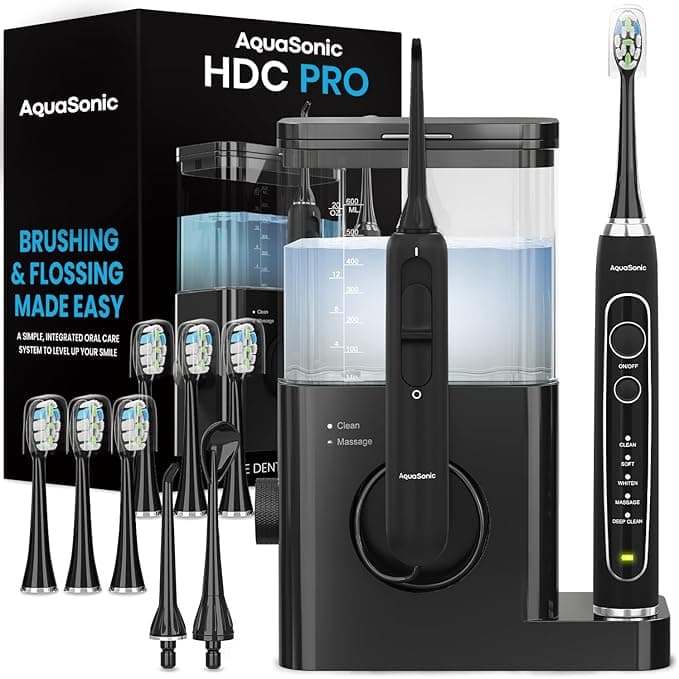 AquaSonic Home Dental Center PRO – Brushing & Flossing Made Easy – Brush & Floss – Power Toothbrush & Water Flosser – Whiter Teeth & Healthier Gums – Black Series Pro+Oral Irrigator - Image 1