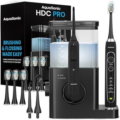 AquaSonic Home Dental Center PRO – Brushing & Flossing Made Easy – Brush & Floss – Power Toothbrush & Water Flosser – Whiter Teeth & Healthier Gums – Black Series Pro+Oral Irrigator - Image 1