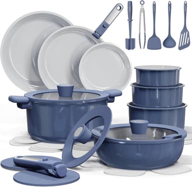 CAROTE 27pcs Ceramic Cookware Set Nonstick, Pots and Pans Set Non Stick, Non Toxic Cookware Detachable Handles, Dishwasher/Oven Safe, RV/Camping Cookware, Pan and Pot with Kitchen Utensils, Navy Blue - Image 2