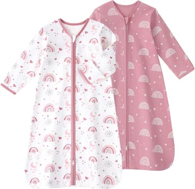 FIEMOL Baby Sleep Sack 6-12 Months, Long Sleeve Baby Wearable Blanket 0.5 Tog with Mittens, 2-Way Zipper Infant Cotton Sleeping Sack for Boy and Girl Pink Rainbow 2 Pack (Medium - Image 2