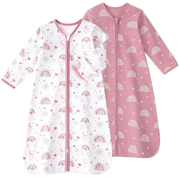 FIEMOL Baby Sleep Sack 6-12 Months, Long Sleeve Baby Wearable Blanket 0.5 Tog with Mittens, 2-Way Zipper Infant Cotton Sleeping Sack for Boy and Girl Pink Rainbow 2 Pack (Medium - Image 1