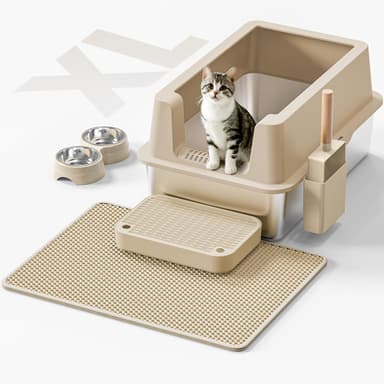 Stainless Steel Cat Litter Box - Enclosed XL Metal Kitty Litter Box with Lid for Big Cats, High Sided, Anti-Leakage, Easy Cleaning, Non-Sticky, Included Spoon & Aisle (Khaki - Image 2