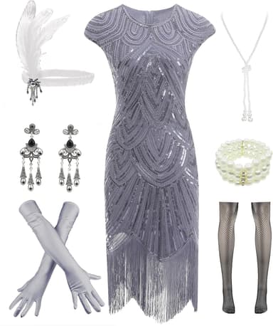 Letter Love Womens Vintage Lace Fringed Gatsby 1920s Cocktail Dress with 20s Accessories Set - Image 2