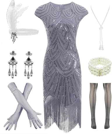 Letter Love Womens Vintage Lace Fringed Gatsby 1920s Cocktail Dress with 20s Accessories Set - Image 1