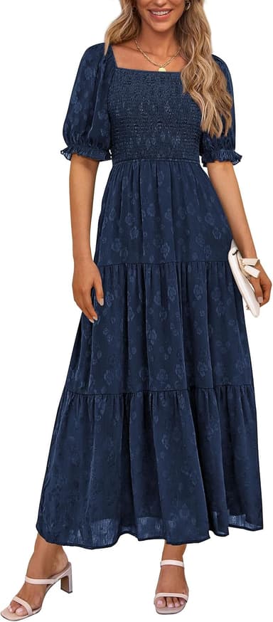 PRETTYGARDEN Women's 2026 Summer Casual Midi Dresses Square Neck Short Sleeve Smocked A Line Floral Flowy Elegant Boho Dress - Image 2