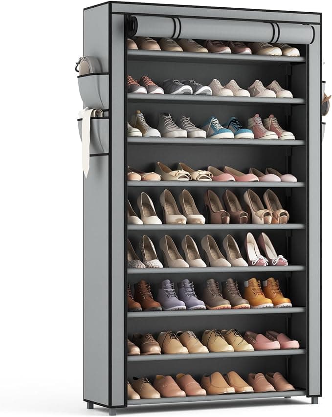 Shoe Rack with Covers 10 Tier Tall Shoe Rack Organizer Large Capacity Shoe Shelf Storage 40 Pairs Space Saving Free Standing Shoe Storage Organizer for Closet, Entryway, Dorm, Grey - Image 1