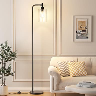 Industrial Floor Lamp with Glass Shade - Black, LED Bulbs, Foot Pedal Switch, Easy Assembly - Image 2