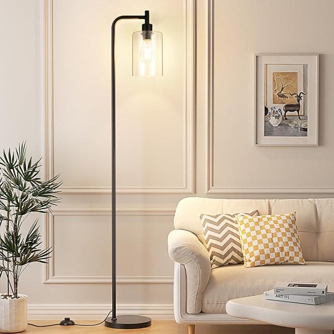 Industrial Floor Lamp with Glass Shade - Black, LED Bulbs, Foot Pedal Switch, Easy Assembly - Image 1