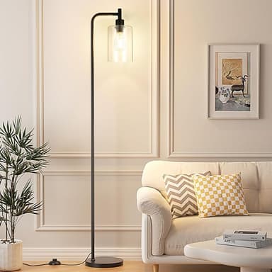 Industrial Floor Lamp with Glass Shade - Black, LED Bulbs, Foot Pedal Switch, Easy Assembly - Image 1