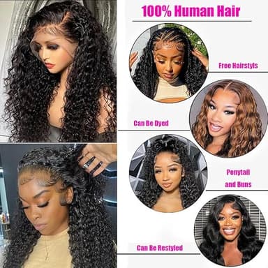JTMMP 13x6 Deep Wave Lace Front Wigs Human Hair 200% Density 26 Inch Curly Human Hair Wig for Women Natural Black HD Transparent Lace Glueless Frontal Wigs Human Hair Pre Plucked - Image 2