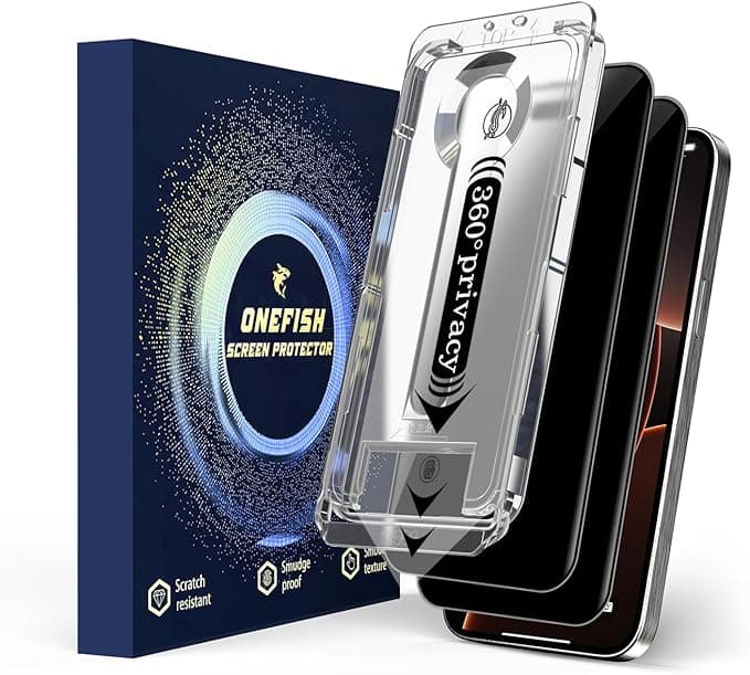 OneFish 2 Pack Privacy Screen Protector for iPhone 16e/13/13 Pro/14-4-Way 360° Anti-Spy Tempered Glass, 9H Hardness, 3D Curved Edges, Case-Friendly & Easy Installation - Image 1