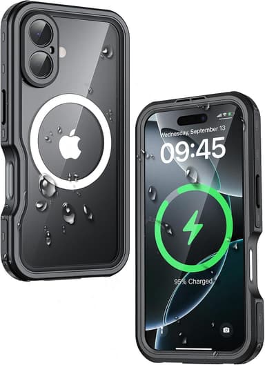 FEWGEY Waterproof Phone Case for iPhone 16, [Compatible with Magsafe] [IP68 Underwater] [Built-in Screen Protector & Glass Camera Protector] Full Body Shockproof Cover with Lanyard Black/Clear - Image 2