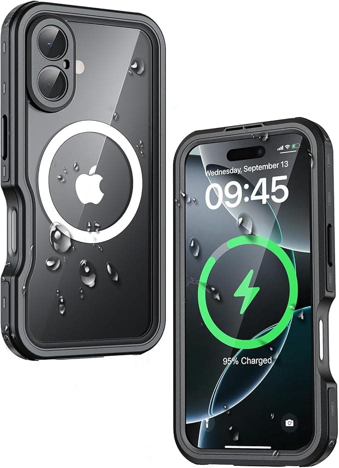 FEWGEY Waterproof Phone Case for iPhone 16, [Compatible with Magsafe] [IP68 Underwater] [Built-in Screen Protector & Glass Camera Protector] Full Body Shockproof Cover with Lanyard Black/Clear - Image 1