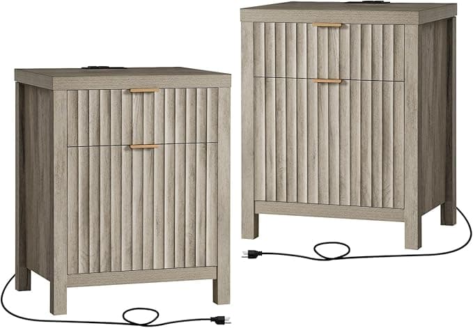 Oxford 2 Drawer Nightstand, End Table with Charging Station, Night Stand with Fluted Panel, Bed Side Table Set of 2 (Grey Oak - Image 1
