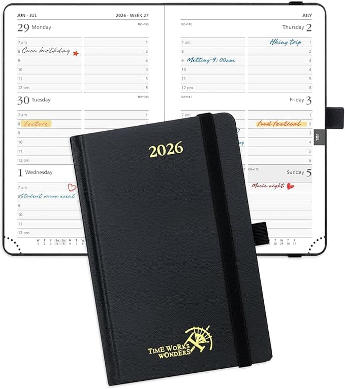 POPRUN 2026 Planner (Pocket Size 4''x 6.25'' Hardcover) - Small Calendar for Purse with Hourly Schedule & Vertical Weekly Layout, Monthly Calendars, 100 GSM - Black - Image 1