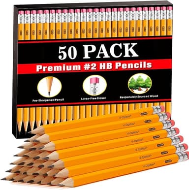 V-Opitos Wood-Cased #2 HB Pencils, 50 Pack Bulk Pre-Sharpened Yellow Pencils with Top Erasers, School Classroom Teacher Supplies, Writing, Drawing and Sketching - Image 1