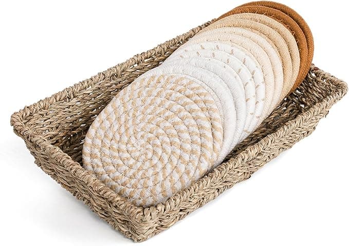 12 Pcs Handmade Woven Coasters for Drinks, Absorbent and Insulating Cotton Coasters with Seagrass Basket Holder set, Boho Perfect for Coffee Table and Home Decor - Image 1