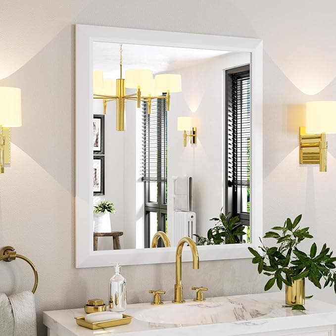 Amorho Bathroom Mirror, 36x32 Inch White Framed Bathroom Mirrors for Over Sink, Wall-Mounted Mirrors for Bedroom, Living Room, Entryway(Horizontal/Vertical - Image 1