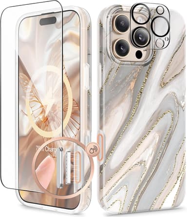 GVIEWIN for iPhone 16 Pro Case Compatible with MagSafe, with Screen & Lens Protectors, Military-Grade Protection Slim Marble Shockproof Magnetic Phone Case for 16 Pro 6.3",Dunes/Caramel - Image 2