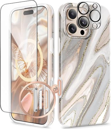 GVIEWIN for iPhone 16 Pro Case Compatible with MagSafe, with Screen & Lens Protectors, Military-Grade Protection Slim Marble Shockproof Magnetic Phone Case for 16 Pro 6.3",Dunes/Caramel - Image 1