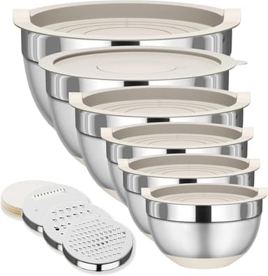 Mixing Bowls with Lids Set, 6 Piece Stainless Steel Nesting Storage Bowls for Kitchen, with 3 Grater Attachments & Non-Slip Bottoms, Size 5.5,3.5,2.5,2.1,1.5,1.1 QT - Image 2