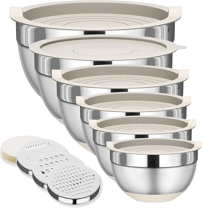 Mixing Bowls with Lids Set, 6 Piece Stainless Steel Nesting Storage Bowls for Kitchen, with 3 Grater Attachments & Non-Slip Bottoms, Size 5.5,3.5,2.5,2.1,1.5,1.1 QT - Image 1