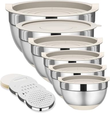 Mixing Bowls with Lids Set, 6 Piece Stainless Steel Nesting Storage Bowls for Kitchen, with 3 Grater Attachments & Non-Slip Bottoms, Size 5.5,3.5,2.5,2.1,1.5,1.1 QT - Image 1