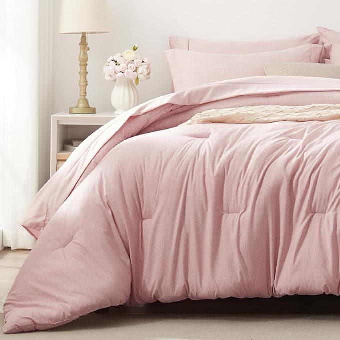 UNILIBRA Queen Comforter Set 7 Pieces Bed in a Bag - Pink Queen Soft Bedding Set for All Seasons - Cationic Dyeing Bed Comforter Sets with Comforter, Flat Sheet, Fitted Sheet, Pillowcases & Shams - Image 1