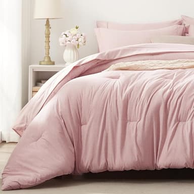 UNILIBRA Queen Comforter Set 7 Pieces Bed in a Bag - Pink Queen Soft Bedding Set for All Seasons - Cationic Dyeing Bed Comforter Sets with Comforter, Flat Sheet, Fitted Sheet, Pillowcases & Shams - Image 1