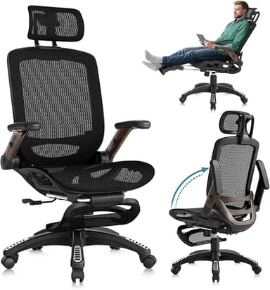 GABRYLLY Ergonomic Office Chair with Footrest, High Back Mesh Computer Chair with Flip-Up Arm, 3D Headrest, 135° Reclining, Rolling Gaming Task Chair with Wide Seat Lumbar Support,400LBS - Image 1