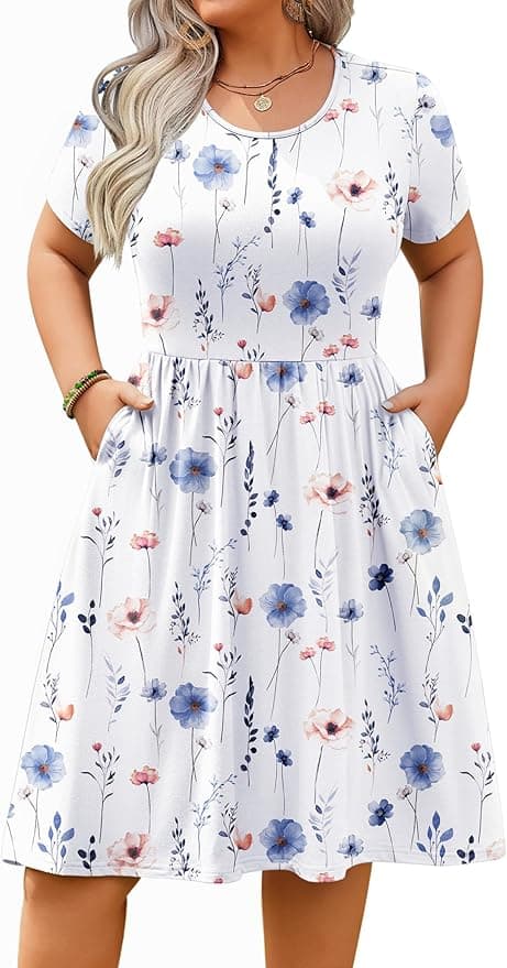 IN'VOLAND Womens Plus Size Summer Dress Short Sleeve Casual Mini Dresses Empire Waist T-Shirt Dress with Pockets - Image 1