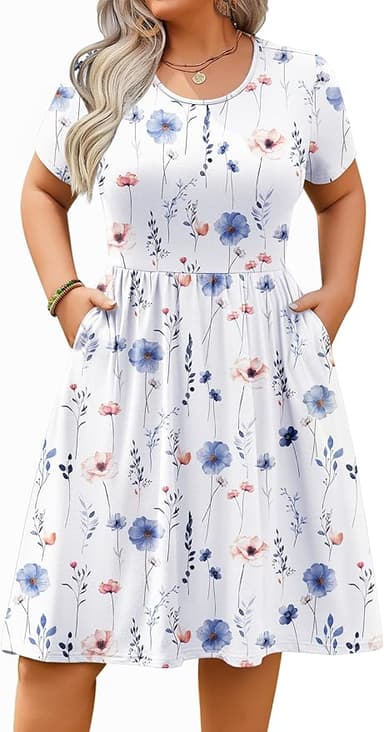 IN'VOLAND Womens Plus Size Summer Dress Short Sleeve Casual Mini Dresses Empire Waist T-Shirt Dress with Pockets - Image 1